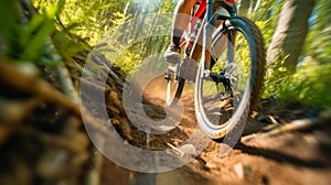 Cyclist Riding the Mountain Bike on the Trail in the Forest, Generative AI