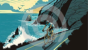 A cyclist riding on an ocean mountain road. Landscape of mountains