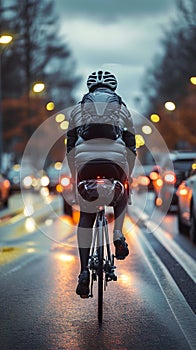 Cyclist on road carriageway, coexisting with the flow of cars