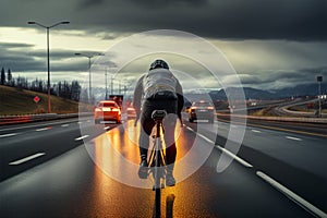 Cyclist road carriageway, shares space with passing cars