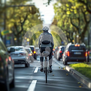 Cyclist road carriageway, shares space with passing cars