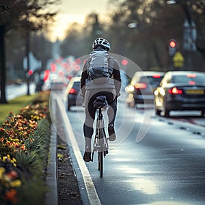 Cyclist road carriageway, shares space with passing cars