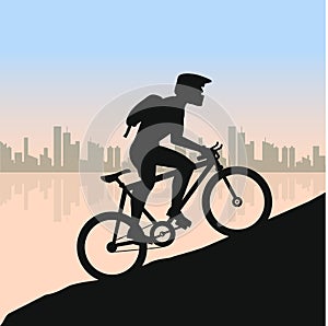 Cyclist in rough road against city landscape. Bicycle racing go to the mountain. bicyclist silhouette.