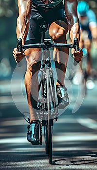 Cyclist s hands on handlebars in sharp turn displaying control summer olympics sport concept