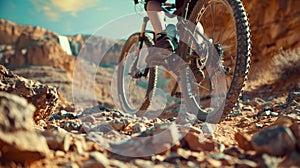 Cyclist speeding through mountain trail with stunning canyon vistas and waterfalls photo