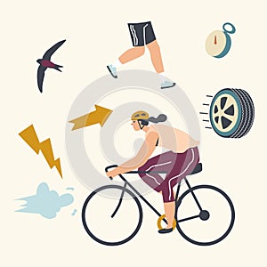 Cyclist Sportswoman in Sports Wear and Helmet Riding Bike in Summer Day. Female Character on Bicycle Active Sport Life