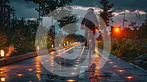 A cyclist using a solar-powered bike lane for night riding