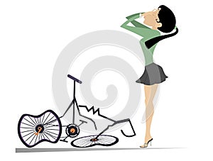 Cyclist woman and a broken bike isolated illustration