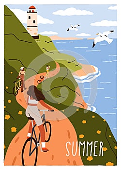 Cyclists on bicycles, travel at sea side. People cycling at seaside. Cyclists riding bikes, nature promenade, adventure