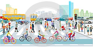 Cyclists on the bike path in the city with road traffic and pedestrians - illustration