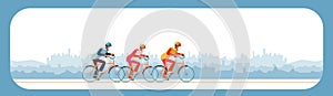 Cyclists chase the leader of race. Head of peloton vector illustration. Cycling in nature or city.Three cyclists going away from photo