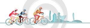 Cyclists chase the leader of race. Head of peloton vector illustration. Cycling in nature or city.Three cyclists going away from photo