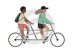 Cyclists concept. People ride tandem bike. Outdoor activities in park, couple healthy lifestyle, man and woman riding