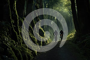 cyclists going down a mountain slope in the forest