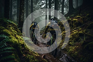 cyclists going down a mountain slope in the forest