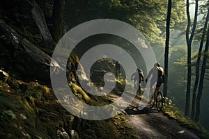 cyclists going down a mountain slope in the forest
