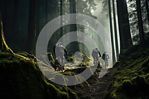 cyclists going down a mountain slope in the forest