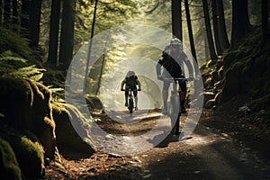 cyclists going down a mountain slope in the forest