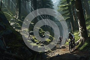 cyclists going down a mountain slope in the forest