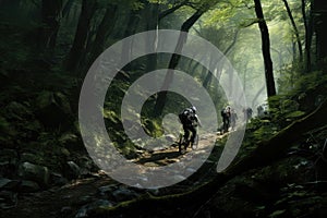 cyclists going down a mountain slope in the forest