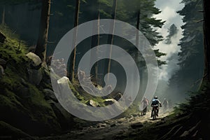 cyclists going down a mountain slope in the forest