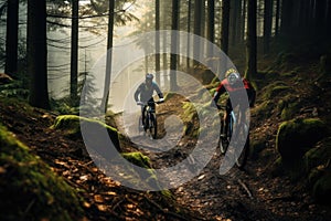 cyclists going down a mountain slope in the forest