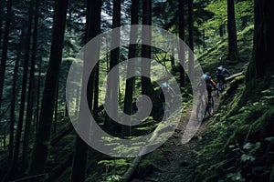 cyclists going down a mountain slope in the forest