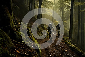 cyclists going down a mountain slope in the forest