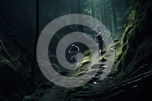 cyclists going down a mountain slope in the forest