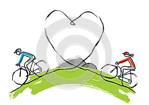 Cyclists in love, mountain bike, line art stylized cartoon.