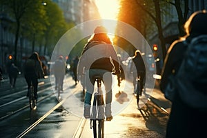 Cyclists navigate busy city street, weaving through urban hustle