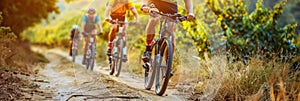 Cyclists pedaling through scenic vineyard under golden sunlight with fruit laden vines photo