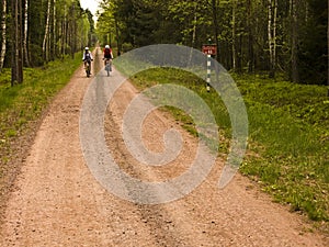 Cyclists on red dirt path in forest
