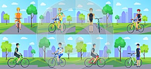 Cyclists Riding Bicycle in Park Vector Poster.