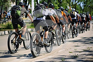 Cyclists riding bikes on dusty rural path, group of people cycling down dirt road