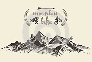 Cyklisté na koni hora ručně malovaná kolo vektor 