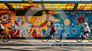 Cyclists riding past a solarpowered bus stop featuring a vibrant mural of the sun and ecofriendly symbols. .