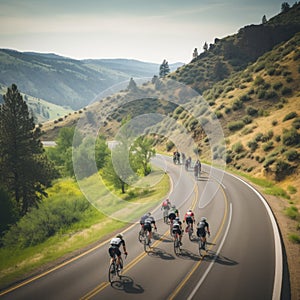 cyclists riding through a winding mountain road, with a beautiful scenic landscape