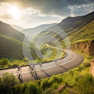 cyclists riding through a winding mountain road, with a beautiful scenic landscape