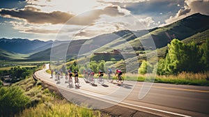 cyclists riding through a winding mountain road, with a beautiful scenic landscape