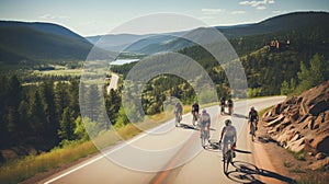 cyclists riding through a winding mountain road, with a beautiful scenic landscape