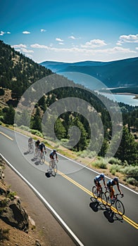 cyclists riding through a winding mountain road, with a beautiful scenic landscape