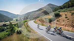 cyclists riding through a winding mountain road, with a beautiful scenic landscape