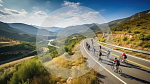 cyclists riding through a winding mountain road, with a beautiful scenic landscape