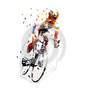 Cycllist in yellow jersey riding bike. Road cycling. Low polygonal isolated vector illustration. Front view