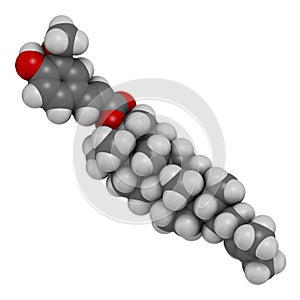 Cycloartenyl ferulate or oryzanol A molecule. Major component of gamma-oryzanol rice bran oil. 3D rendering. Atoms are