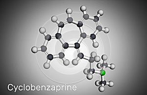 Cyclobenzaprine, molecule. It is centrally-acting muscle relaxant. Molecular model. 3D rendering