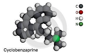 Cyclobenzaprine, molecule. It is centrally-acting muscle relaxant. Molecular model. 3D rendering