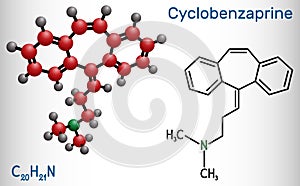 Cyclobenzaprine, molecule. It is centrally-acting muscle relaxant. Structural chemical formula and molecule model