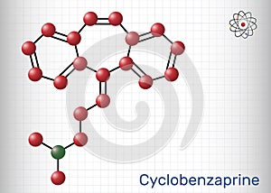 Cyclobenzaprine, molecule. It is centrally-acting muscle relaxant. Structural chemical formula and molecule model. Sheet of paper